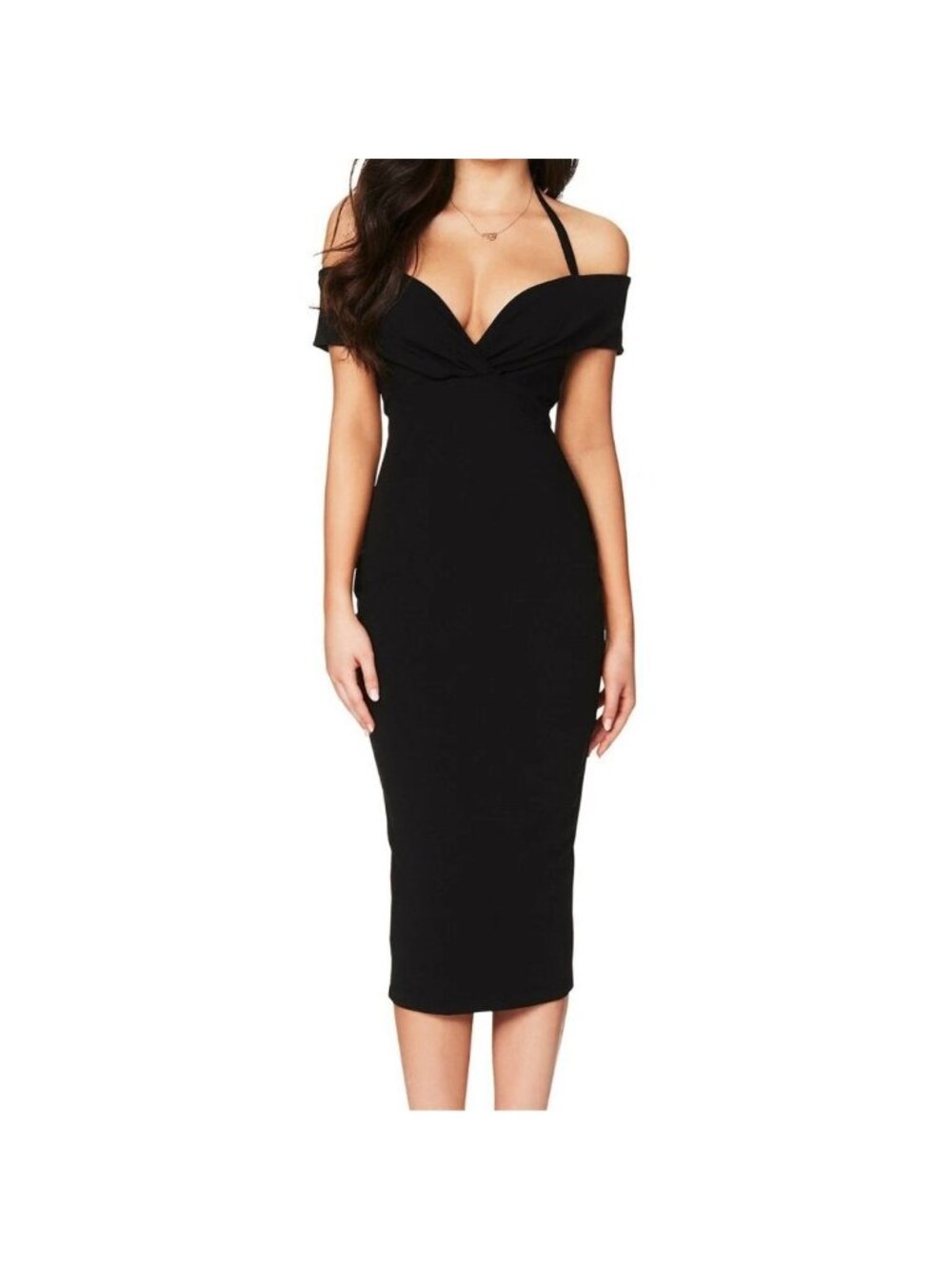 Nookie Athena Black Bodycon Off Shoulder Midi Cocktail Dress Sweetheart Neck L